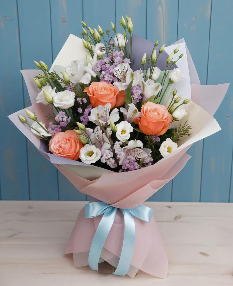 Букет цветов из: Лизиантусы, Розы, Альстромерии и Гипсофила в Савинской