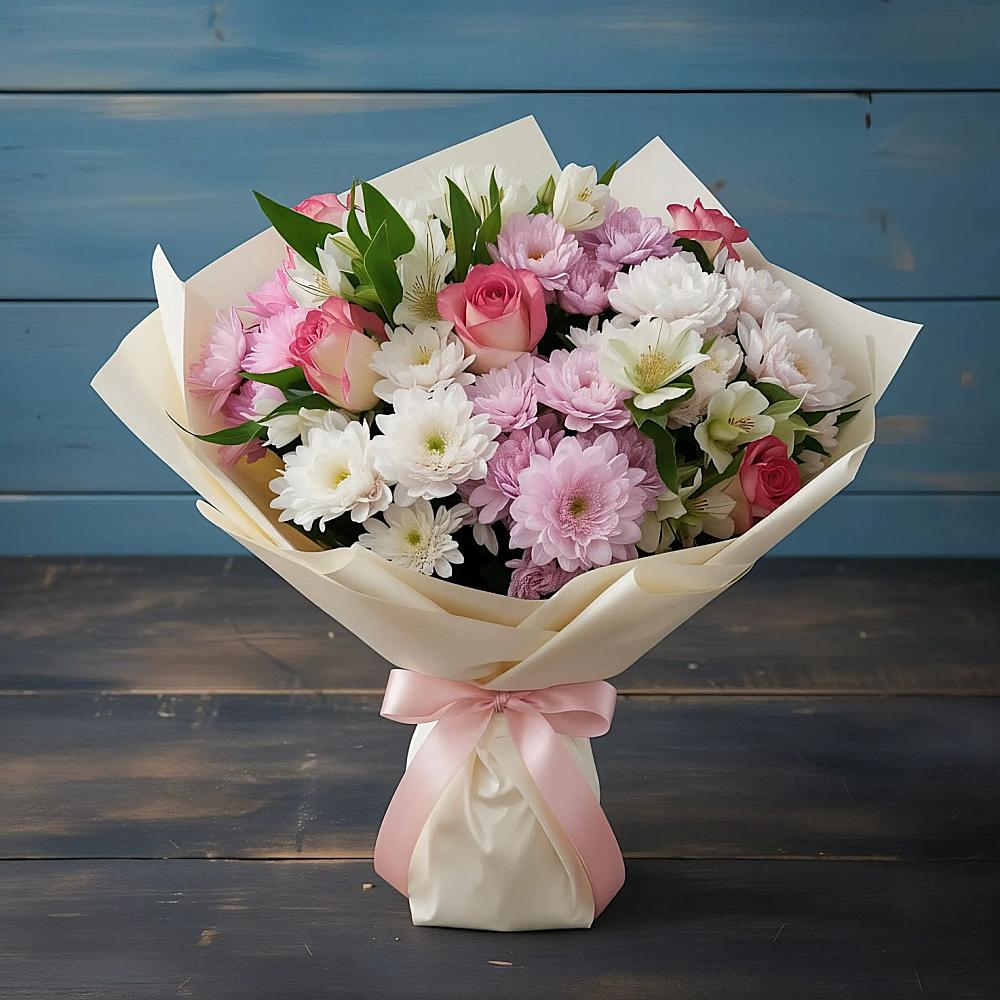 Букет цветов из: Хризантемы, Альстромерии и Розы в Савинской